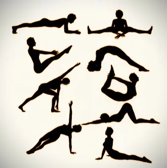 Silhuetas em preto de várias posições de Pilates, sobre fundo branco.