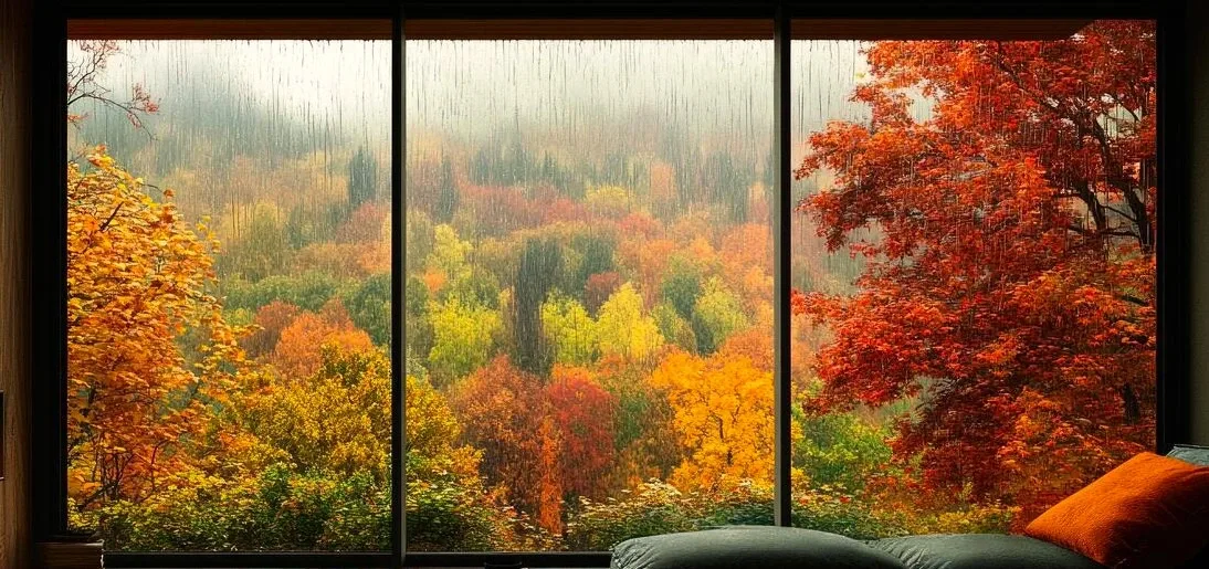 Vista de uma janela para uma floresta de outono colorida, com chuva a cair, e uma almofada em primeiro plano.