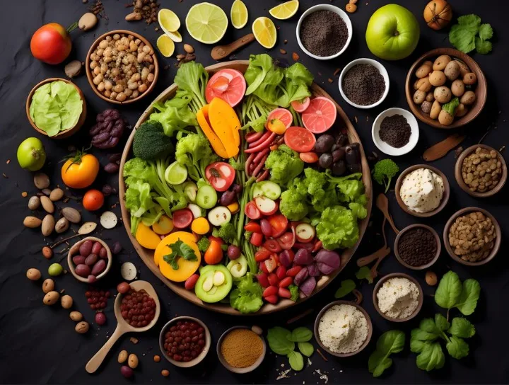 Vista aérea de legumes, fruta e grãos variados dispostos sobre uma superfície escura.