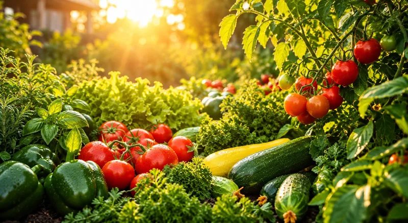 Horta com tomates, courgetes e outros legumes frescos, iluminada pelo sol.